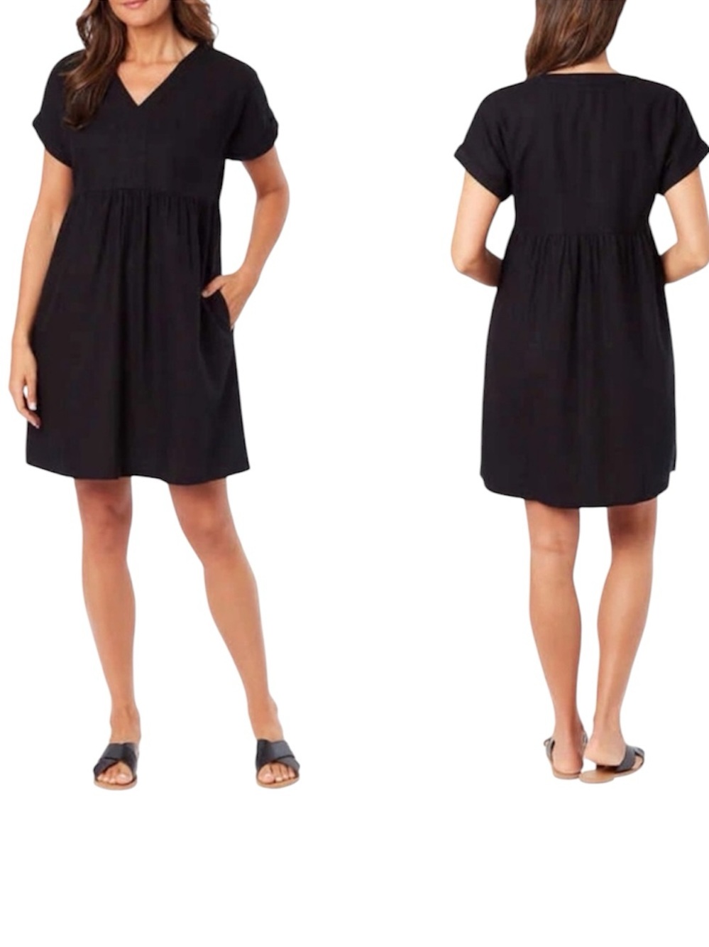 Briggs Linen Dress Large V-Neck Short Sleeve Midi Black Pockets Loose Fit
